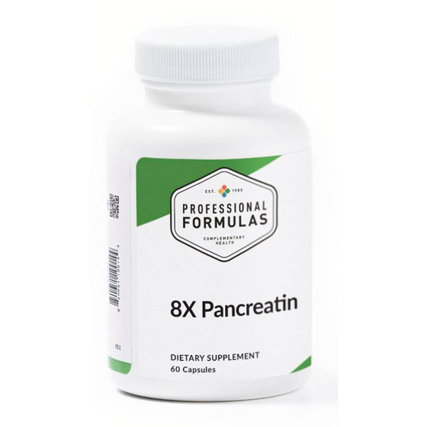 Supplement bottle labeled '8X Pancreatin' by Professional Formulas on a white background
