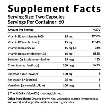 Supplement facts label with detailed nutritional information on a white background