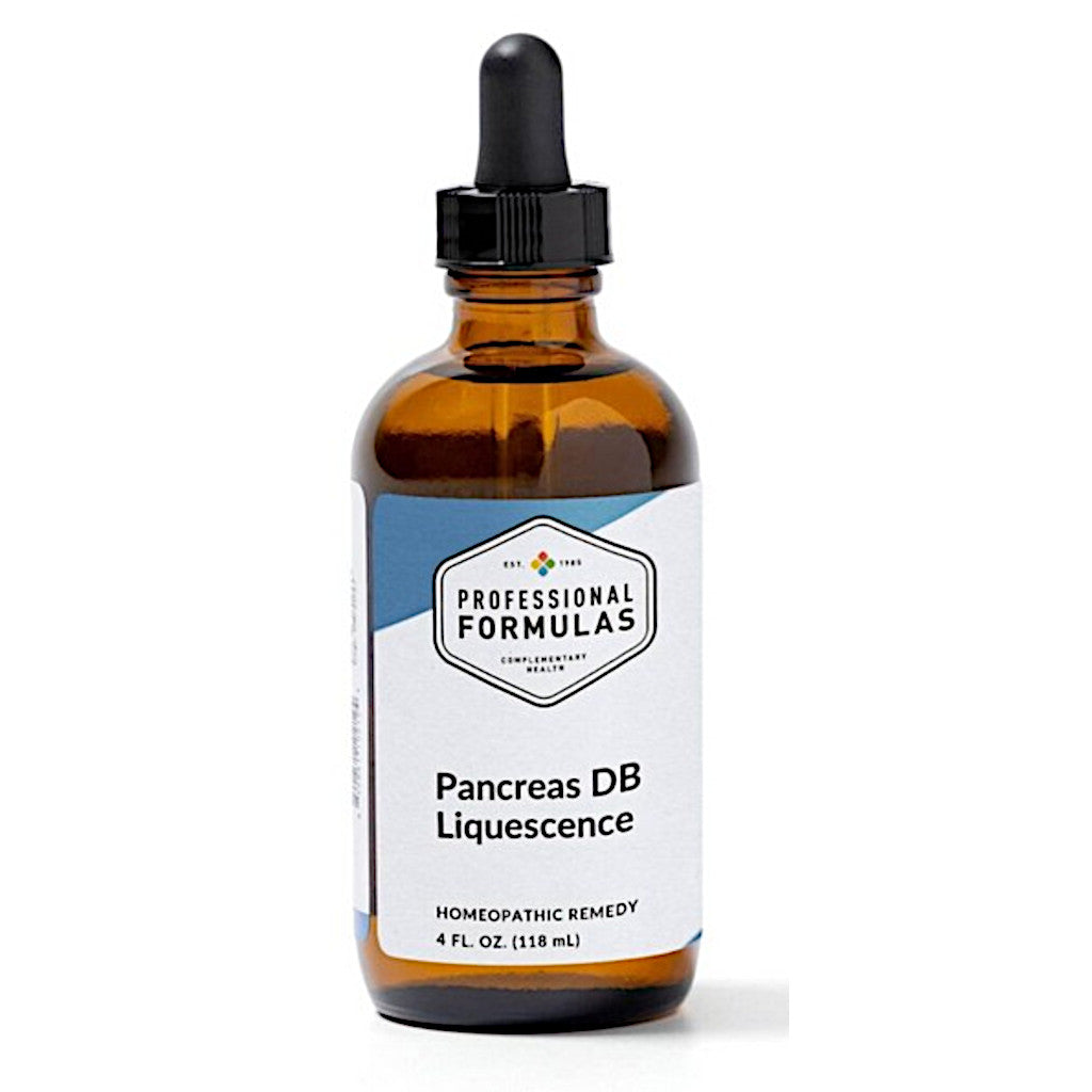 Amber glass bottle with dropper labeled 'Professional Formulas Pancreas DB Liqueescence' on a white background