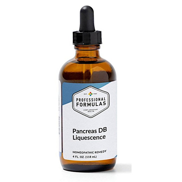 Amber glass bottle with dropper labeled 'Professional Formulas Pancreas DB Liqueescence' on a white background