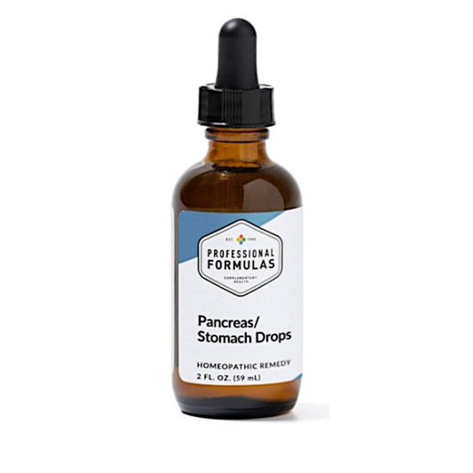 Bottle of Pancreas/Stomach Drops with a dropper on a white background