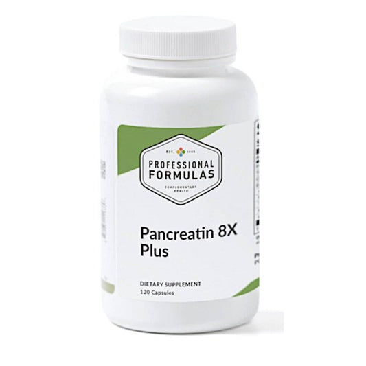 Supplement bottle labeled 'Pancreatin 8X Plus' by Professional Formulas on a white background
