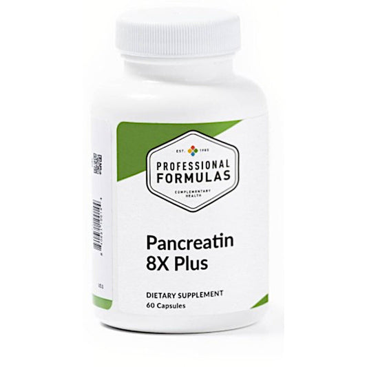 Supplement bottle labeled 'Pancreatin 8X Plus' by Professional Formulas on a white background