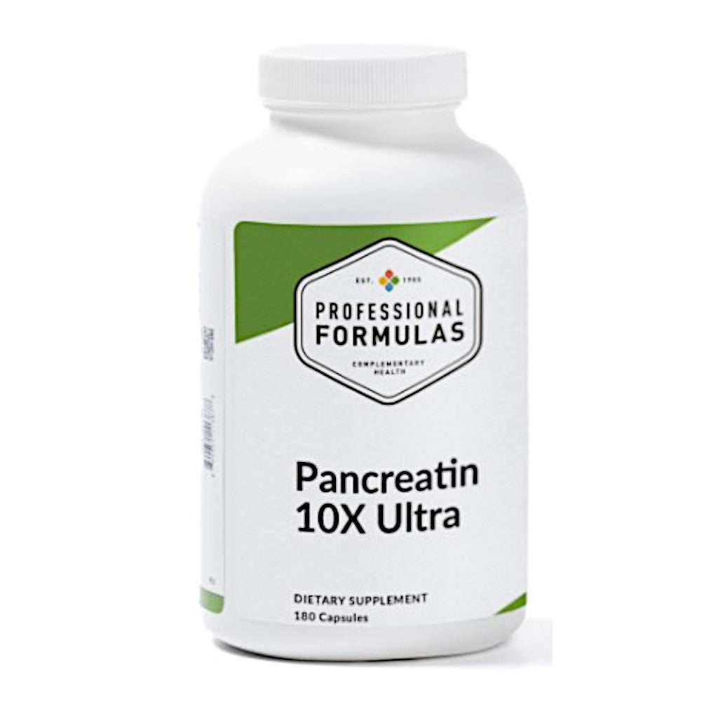 Supplement bottle labeled 'Pancreatin 10X Ultra' by Professional Formulas on a white background