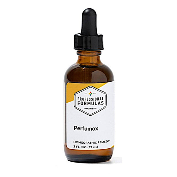Amber glass bottle with dropper labeled 'Professional Formulas Perfumox' on a white background