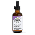 Amber glass bottle with dropper labeled 'Pet Anxiety/Stress Aid' on a white background