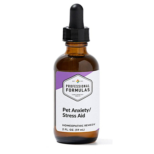 Amber glass bottle with dropper labeled 'Pet Anxiety/Stress Aid' on a white background
