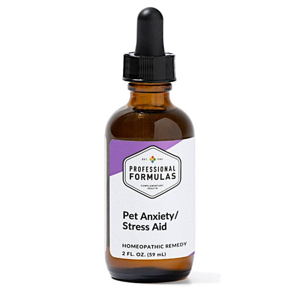 Amber glass bottle with dropper labeled 'Pet Anxiety/Stress Aid' on a white background