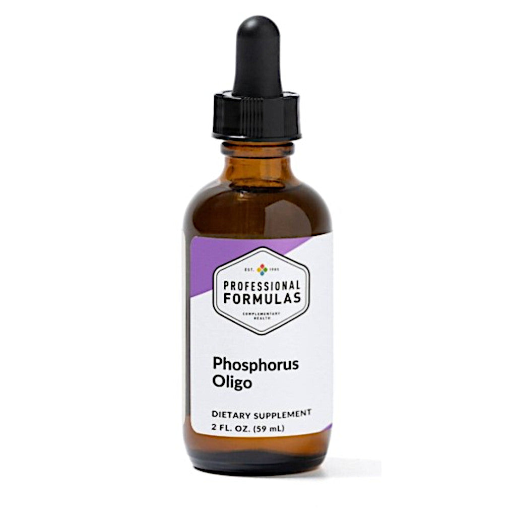 Brown glass bottle with dropper labeled 'Professional Formulas Phosphorus Oligo' on a white background