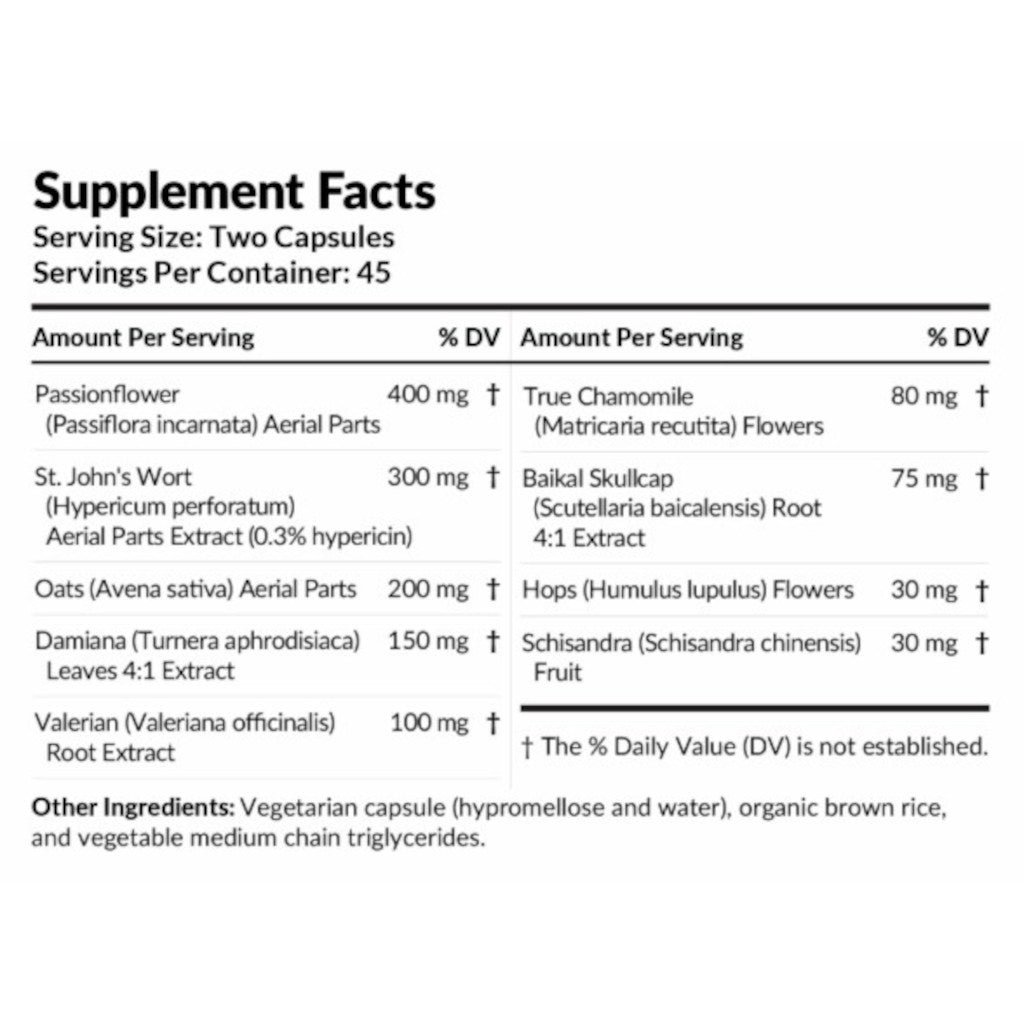 Supplement facts label with various herbal ingredients and their amounts per serving.