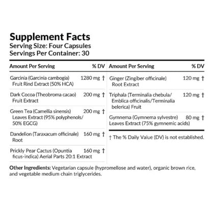 Supplement facts label with various ingredients and their amounts per serving.