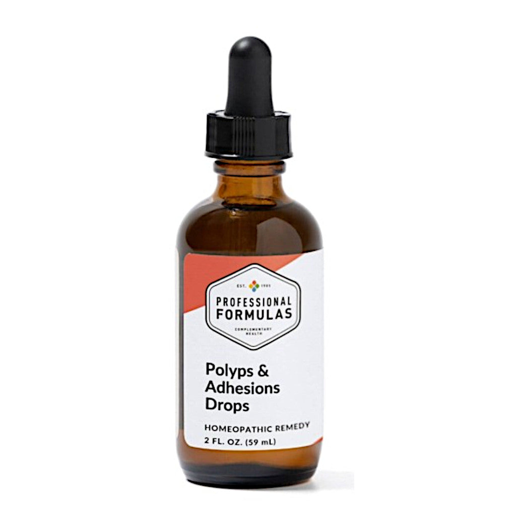 Bottle of Polyps & Adhesions Drops with a dropper on a white background