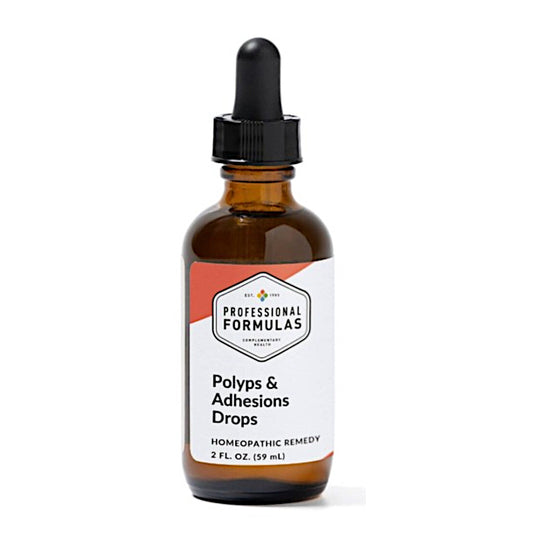 Bottle of Polyps & Adhesions Drops with a dropper on a white background