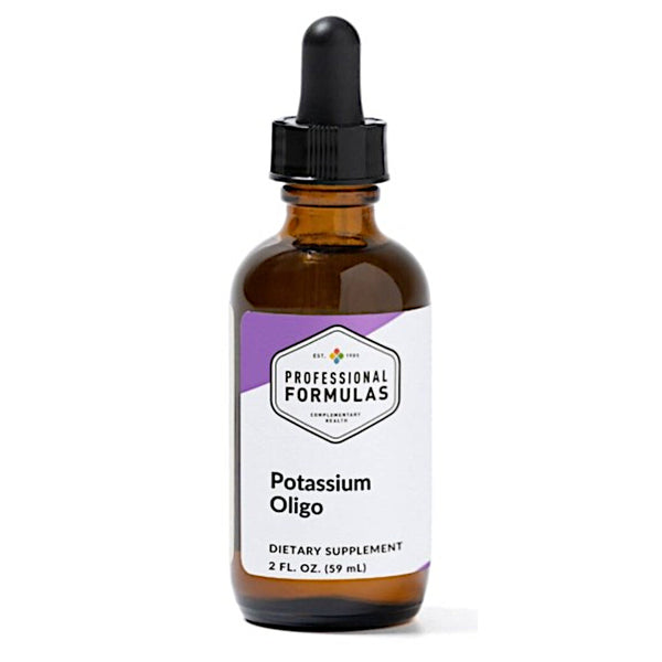 Amber glass bottle with dropper labeled 'Professional Formulas Potassium Oligo' on a white background