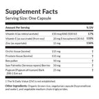 Supplement facts label with detailed nutritional information on a white background
