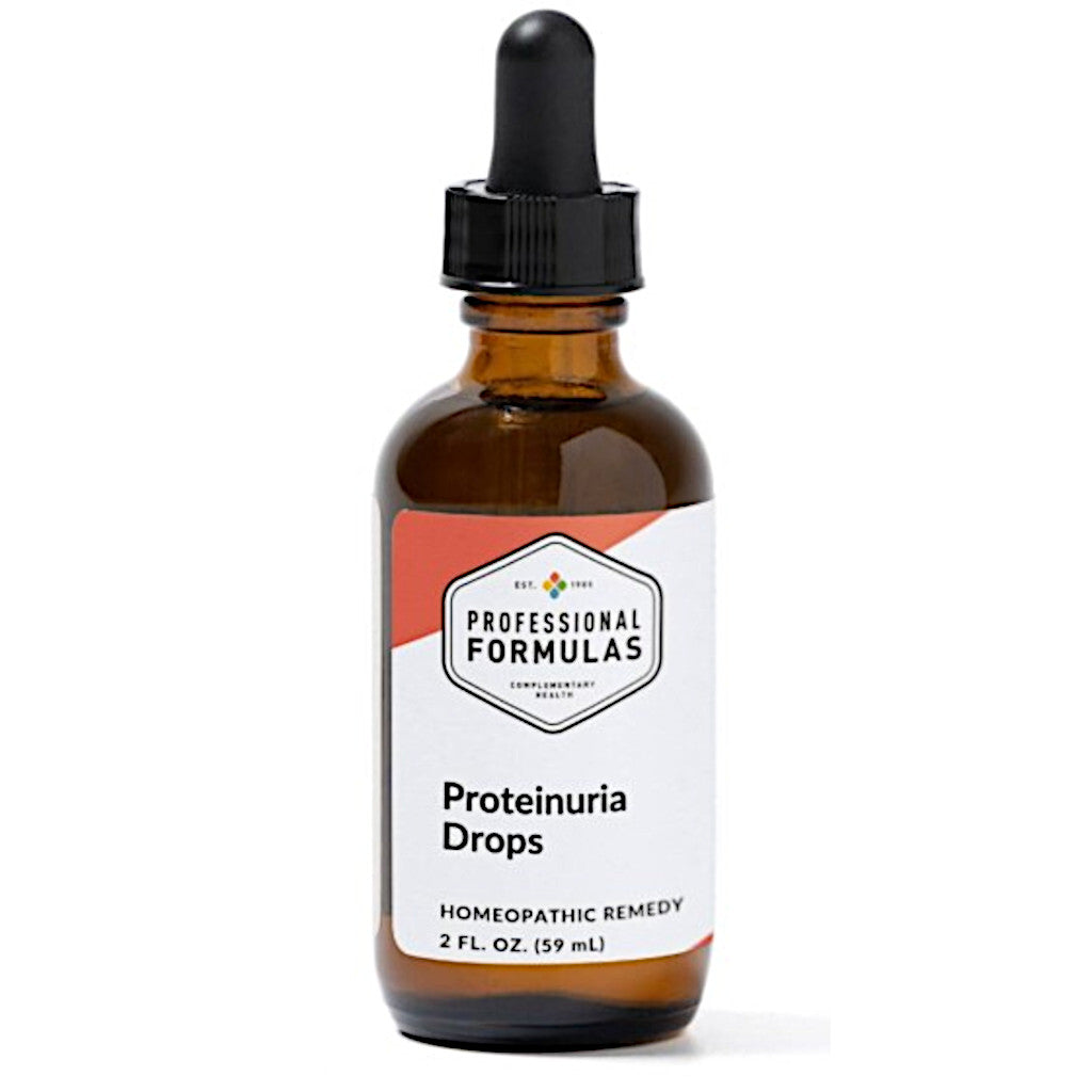 Brown glass bottle with dropper labeled 'Proteinuria Drops' on a white background