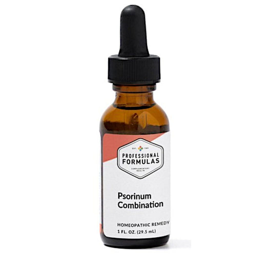 Bottle of Psorium Combination homeopathic remedy with a dropper on a white background
