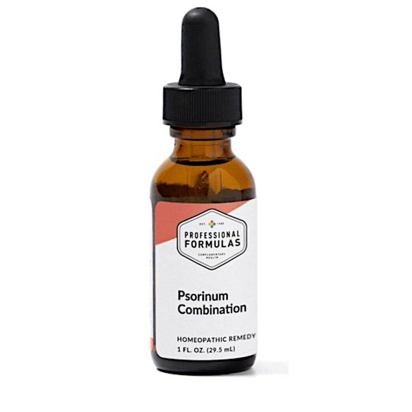Bottle of Psorium Combination homeopathic remedy with a dropper on a white background