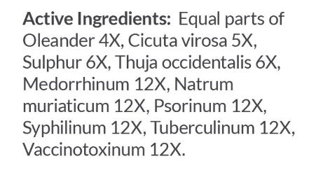 List of active ingredients in a homeopathic preparation on a white background