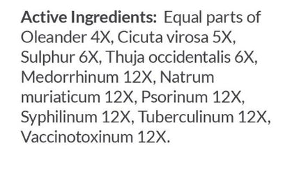 List of active ingredients in a homeopathic preparation on a white background