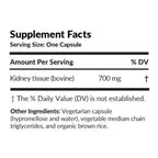 Supplement facts label with kidney tissue (bovine) content on a white background