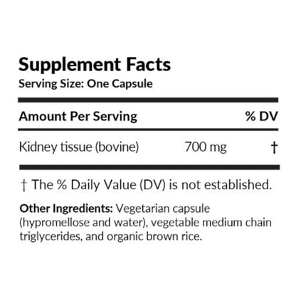 Supplement facts label with kidney tissue (bovine) content on a white background