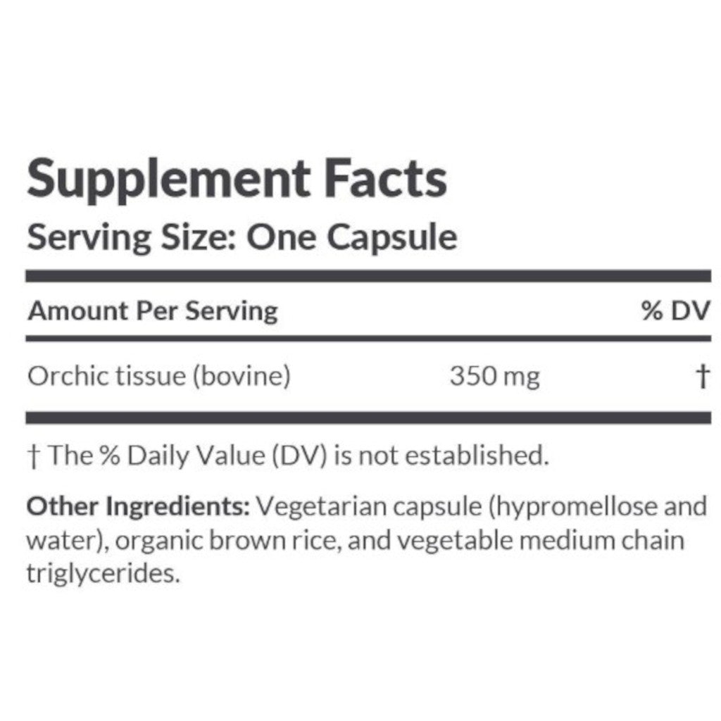 Supplement facts label with orchic tissue content per serving