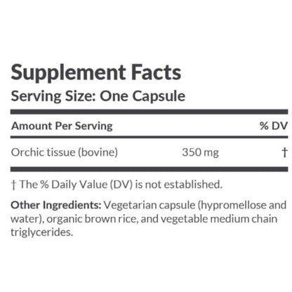 Supplement facts label with orchic tissue content per serving