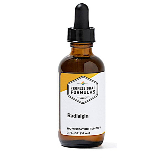 Brown glass bottle with dropper labeled 'Radialgin' by 'Professional Formulas' on a white background