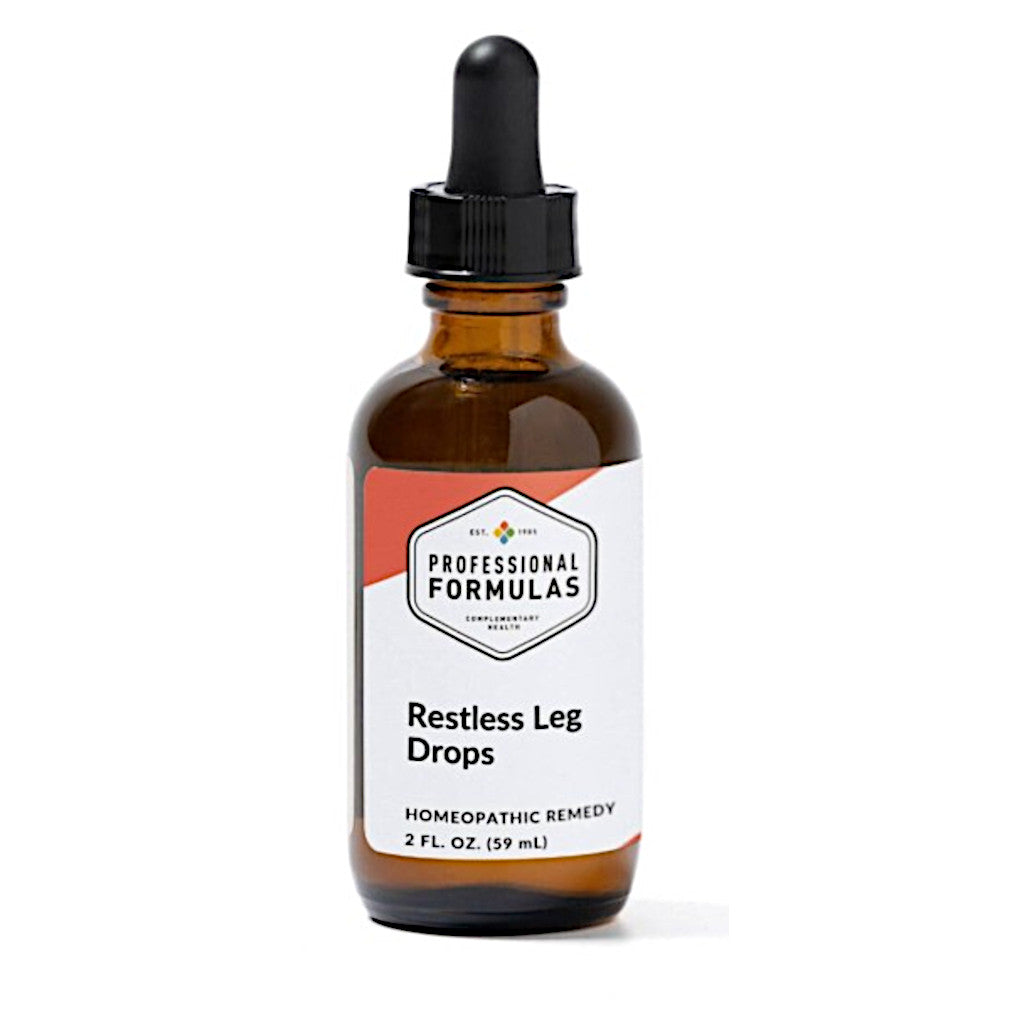 Bottle of 'Restless Leg Drops' by Professional Formulas on a white background