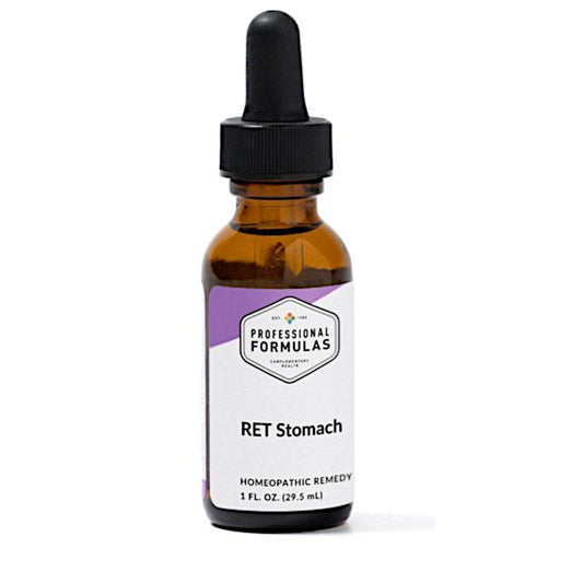 Bottle of 'RET Stomach' homeopathic remedy with a dropper on a white background