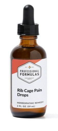 Bottle of Rib Cage Pain Drops with a dropper on a white background