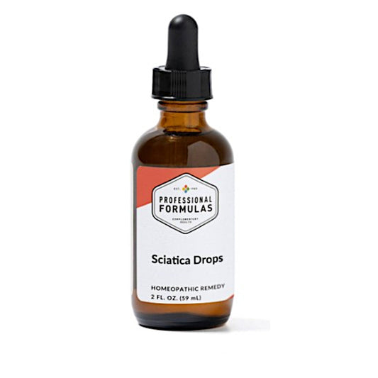 Bottle of Sciatica Drops with a dropper on a white background