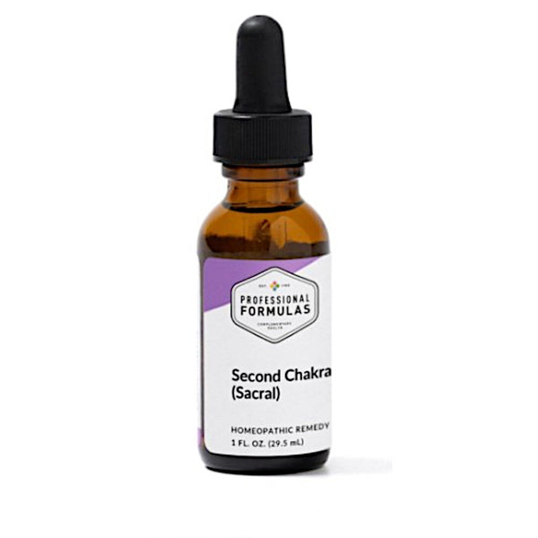 Bottle of 'Second Chakra (Sacral)' homeopathic remedy with a dropper on a white background
