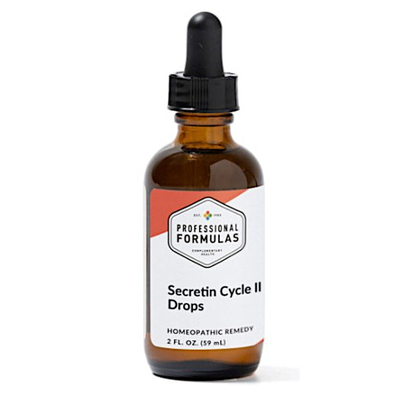 Amber glass bottle with dropper labeled 'Secretin Cycle II Drops' by 'Professional Formulas' on a white background.