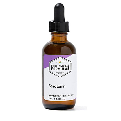 Bottle of 'Serotonin' homeopathic remedy with a dropper on a white background