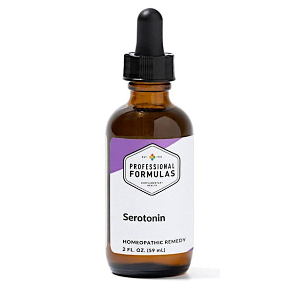 Bottle of 'Serotonin' homeopathic remedy with a dropper on a white background