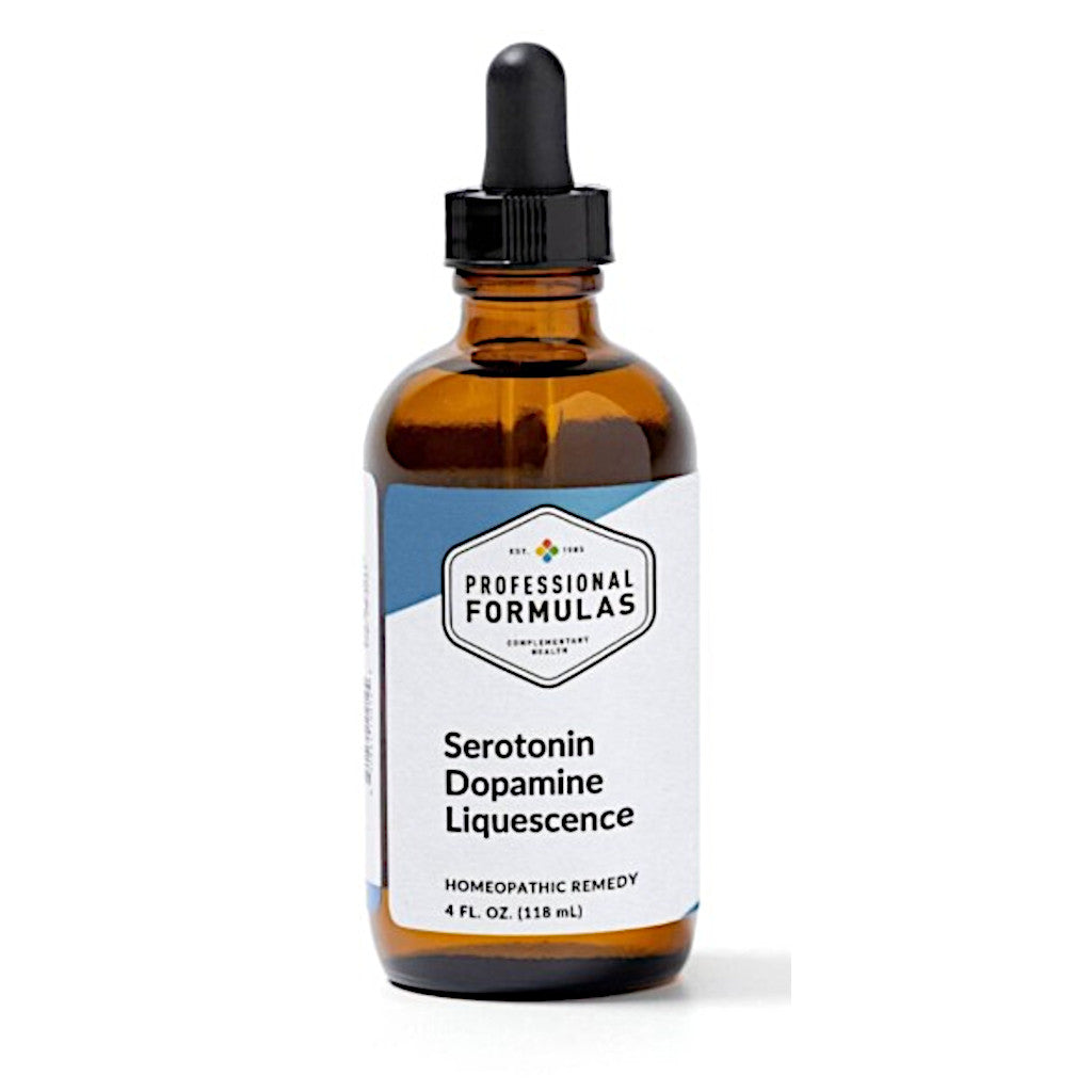 Bottle of Serotonin Dopamine Liquescence with a dropper on a white background