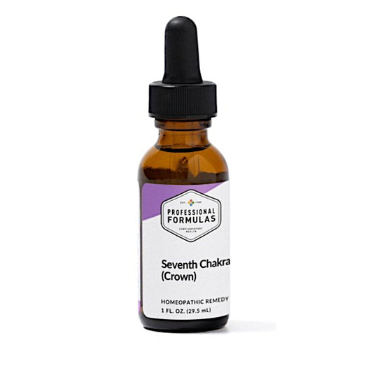 Bottle of 'Seventh Chakra (Crown)' homeopathic remedy with a dropper on a white background