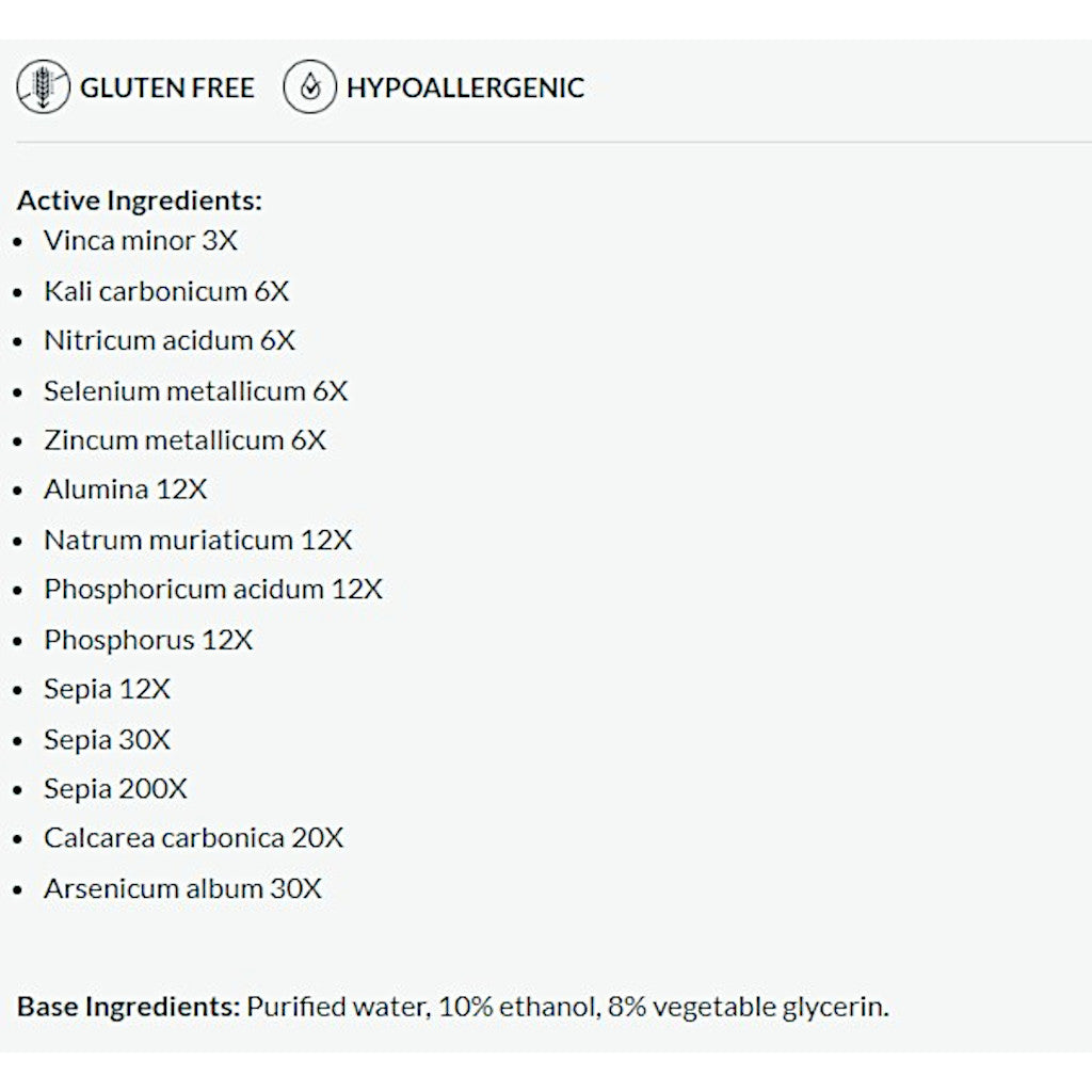 List of active ingredients on a white background with 'Gluten Free' and 'Hypoallergenic' labels.
