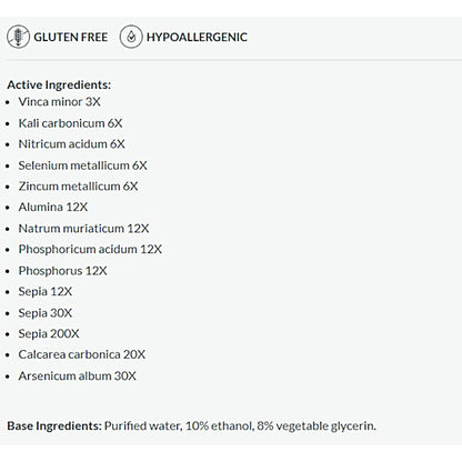 List of active ingredients on a white background with 'Gluten Free' and 'Hypoallergenic' labels.