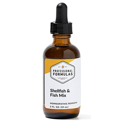 Bottle of 'Shellfish & Fish Mix' homeopathic remedy with a dropper on a white background
