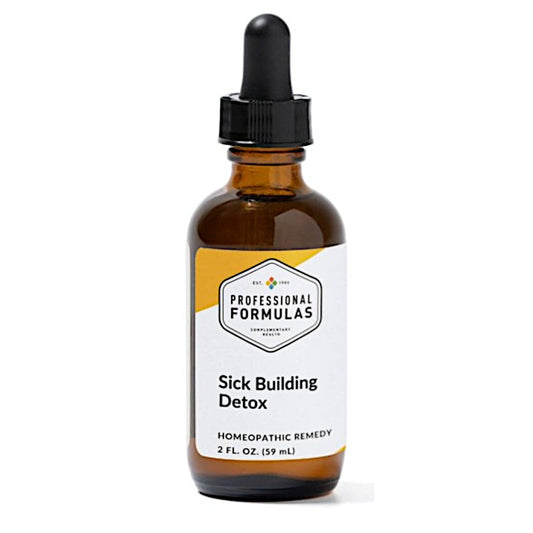 Amber glass bottle with dropper labeled 'Sick Building Detox' on a white background