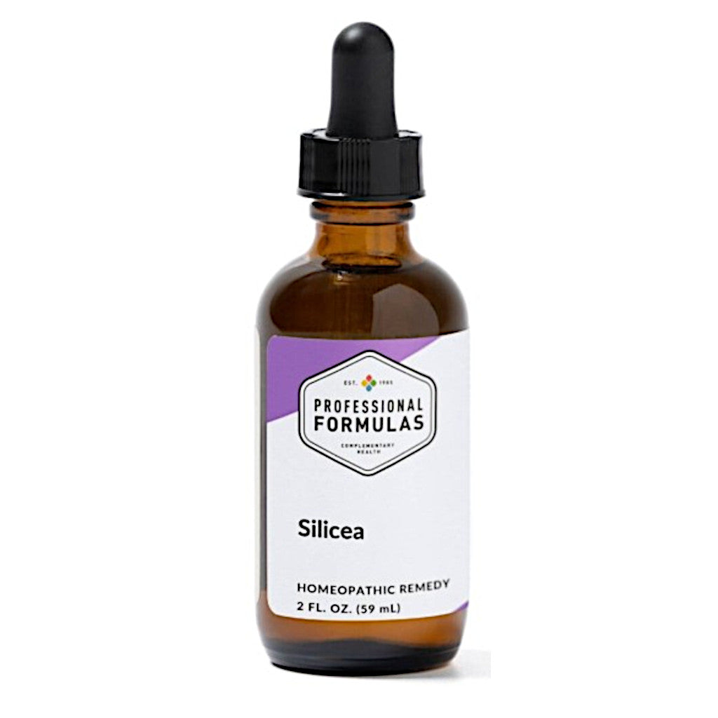 Amber glass bottle with dropper labeled 'Professional Formulas Silicea' on a white background