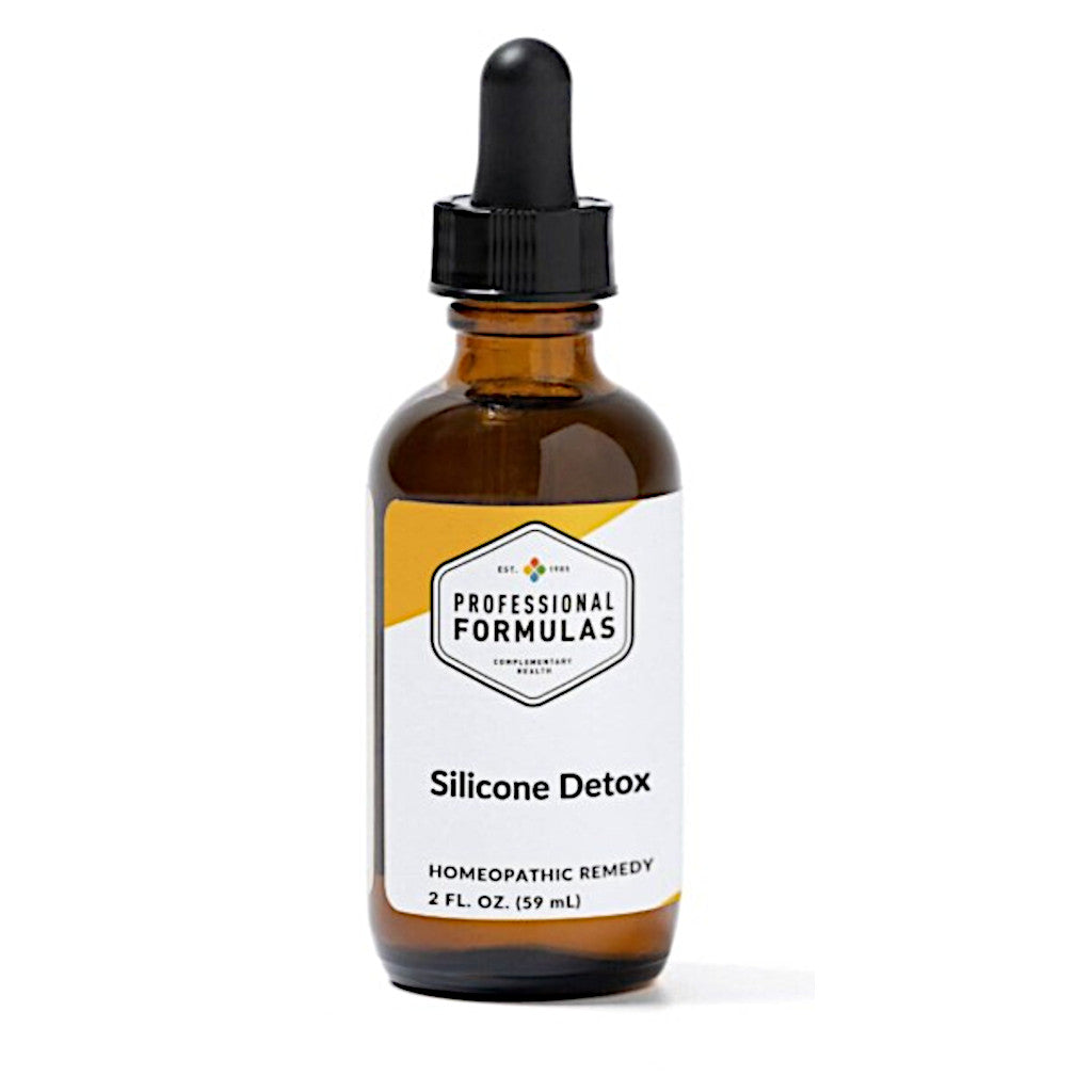 Amber glass bottle with dropper labeled 'Silicone Detox' on a white background