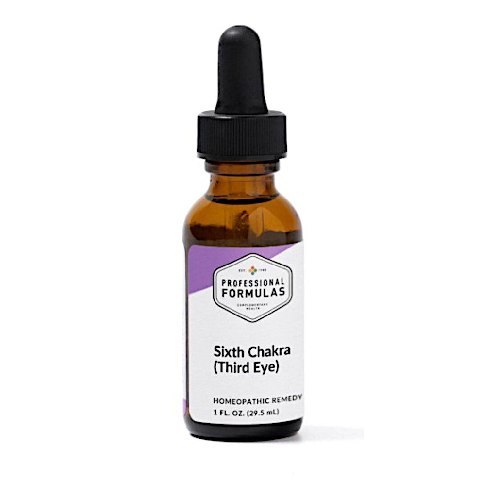 Bottle of 'Sixth Chakra (Third Eye)' homeopathic remedy with a dropper on a white background