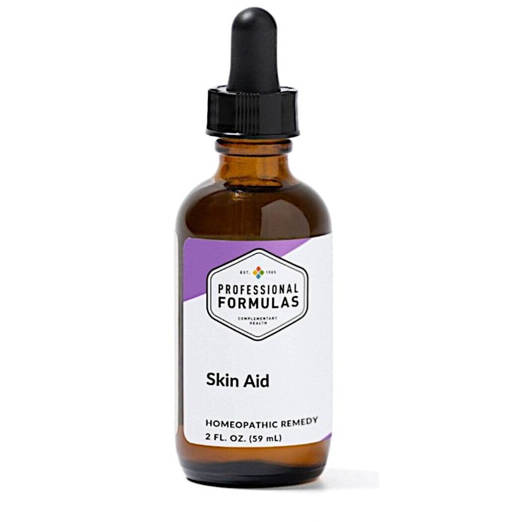 Bottle of Skin Aid with a dropper labeled 'Professional Formulas' on a white background