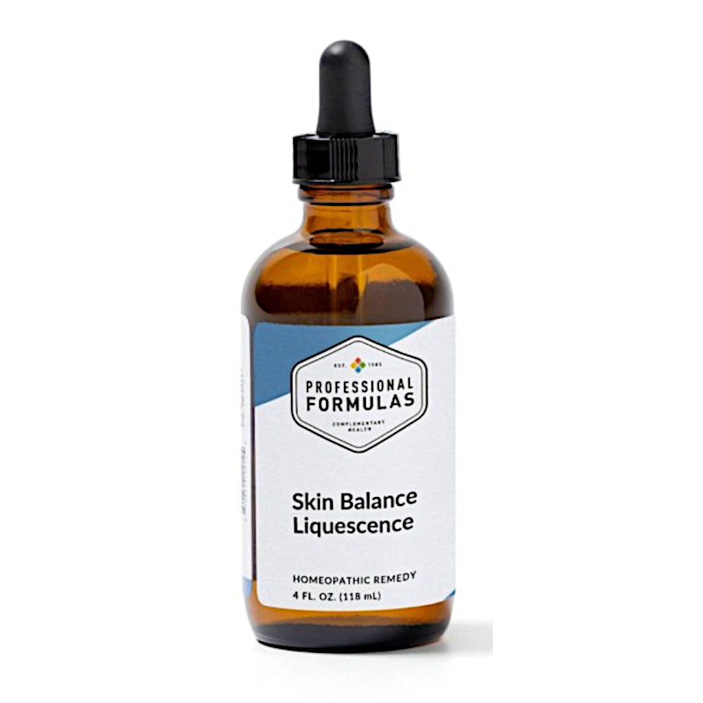 Brown glass bottle with dropper labeled 'Professional Formulas Skin Balance Liquescence' on a white background