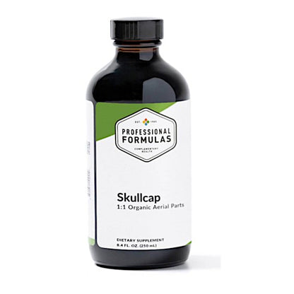 Bottle of 'Skullcap' dietary supplement with a white label on a white background