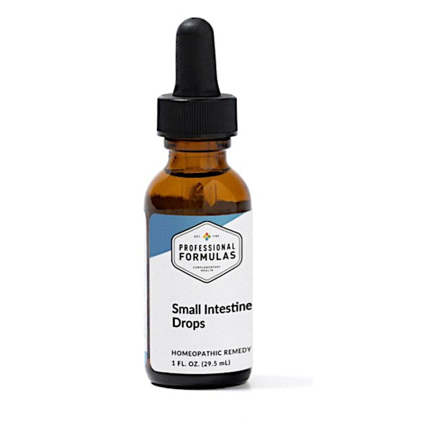 Bottle of 'Small Intestine Drops' with a dropper on a white background
